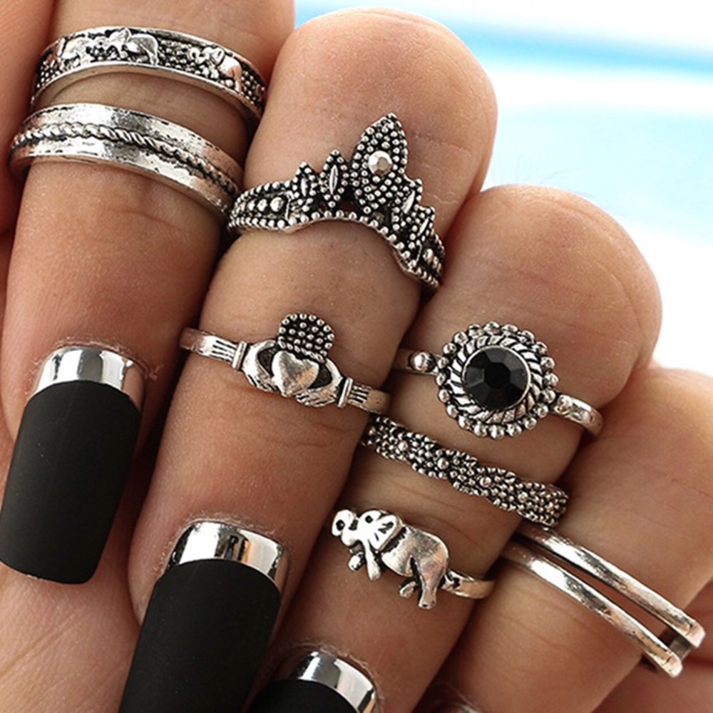 Silver Elephant Love Boho 8 pc. Ring Set 🐘🖤